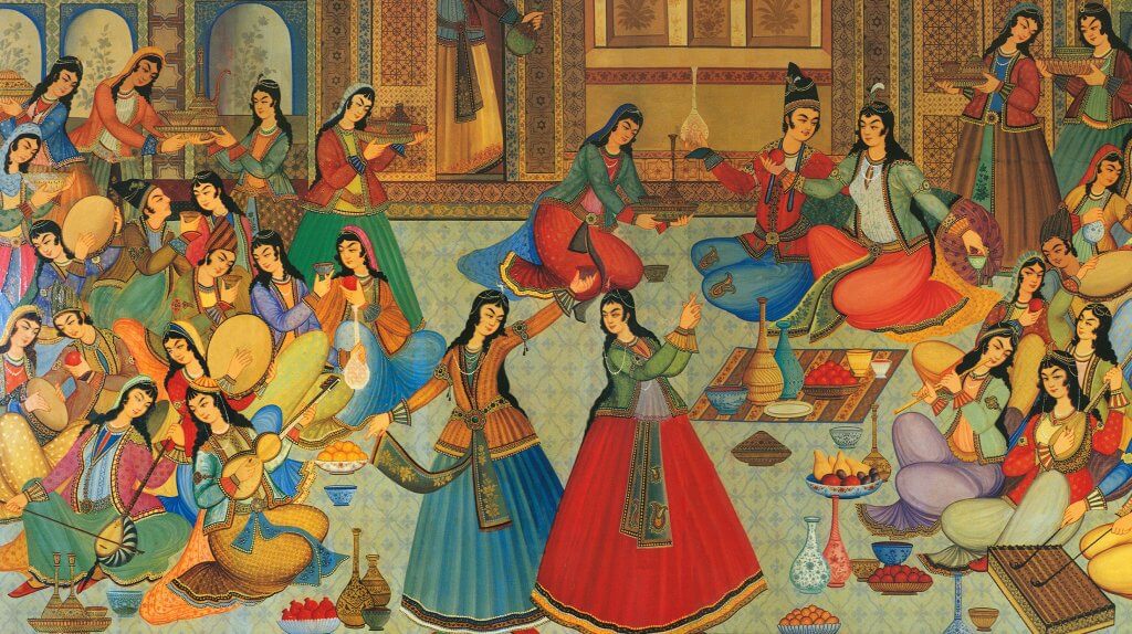 A banquet of song and dance. Artist is Ibrahim Jabbar-Beik (1923-2002) - Iranian Yalda night celebration - Ask An Iranian