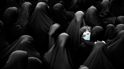 Multiple Iranian women wearing black hejab with one child wearing a face mask - by Mehdi Sepehri, edited by Ask An Iranian