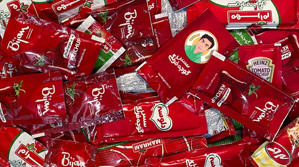 Ask An Iranian - What does Tehran taste like - many Iranian tomato ketchup sachets, including Bijan, Delveseh, Kalleh and Mahram