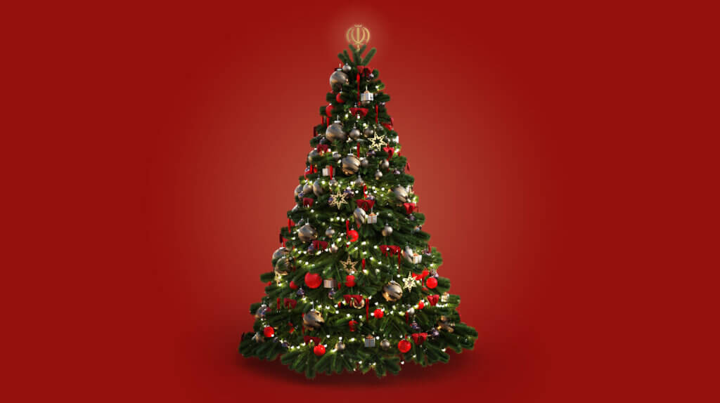 Ask An Iranian — Christmas tree on a red background with the emblem of the Islamic Republic of Iran sitting up the top.