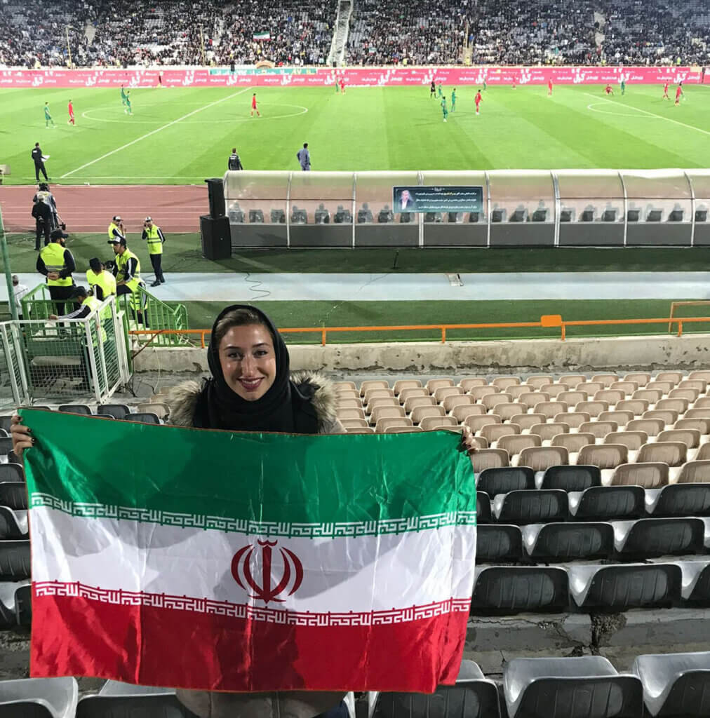 Iran's former U19 women's football coach, Katayoun Khosrowyar in Tehran's Azadi Stadium, watching Iran vs Bolivia